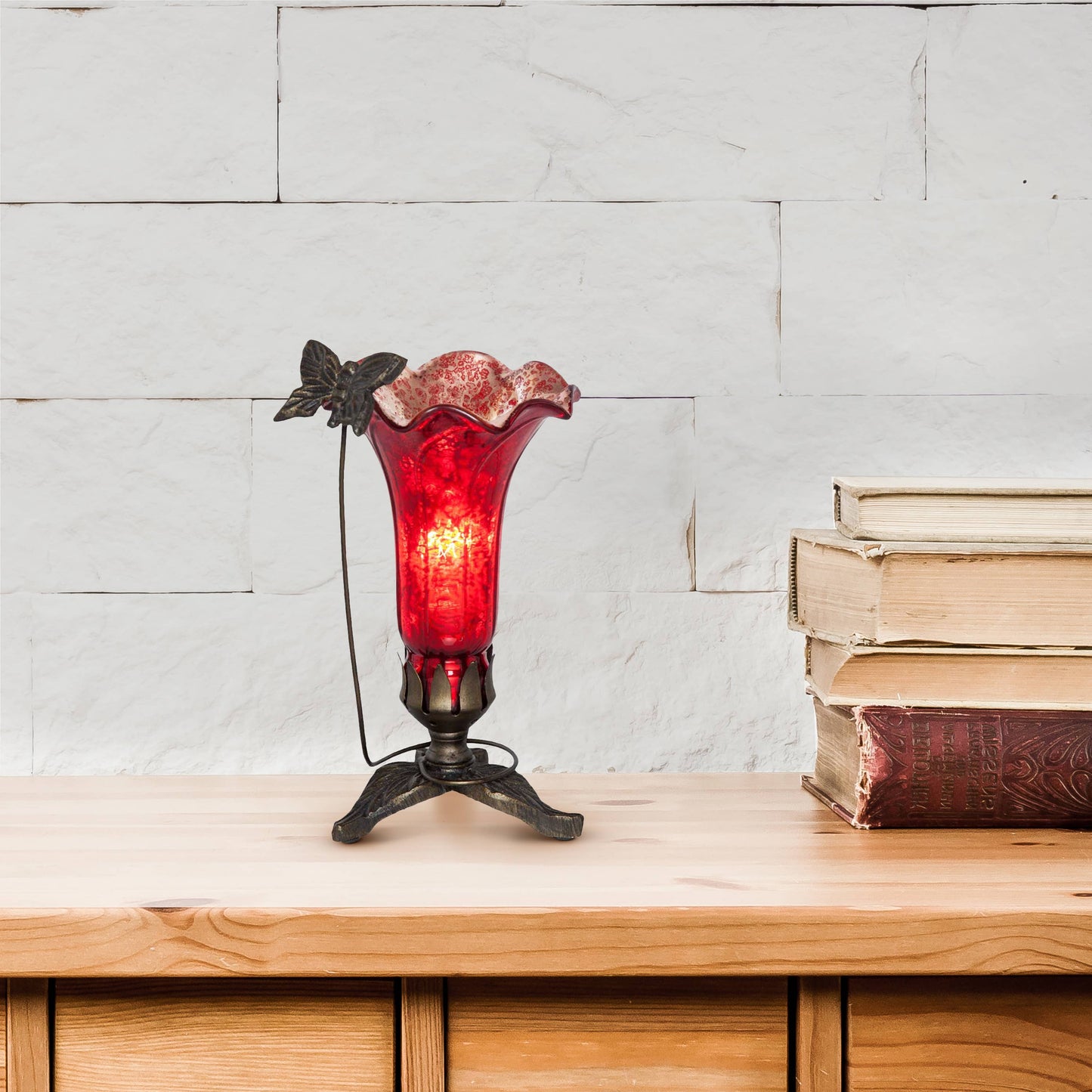 9"H Red Hand Blown Mercury Glass Butterfly Lily Lamp