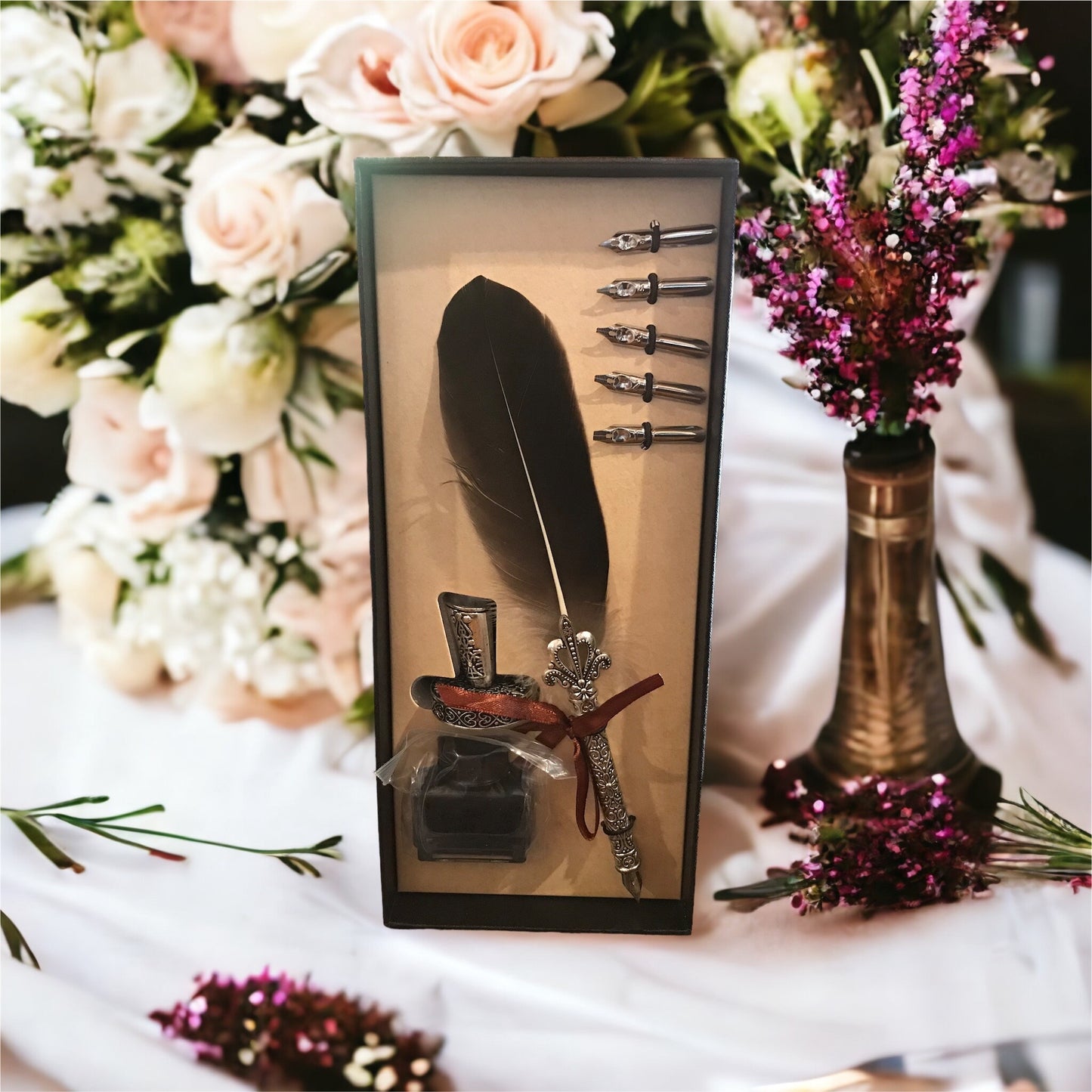 Brown Feather & Ink Calligraphy Set