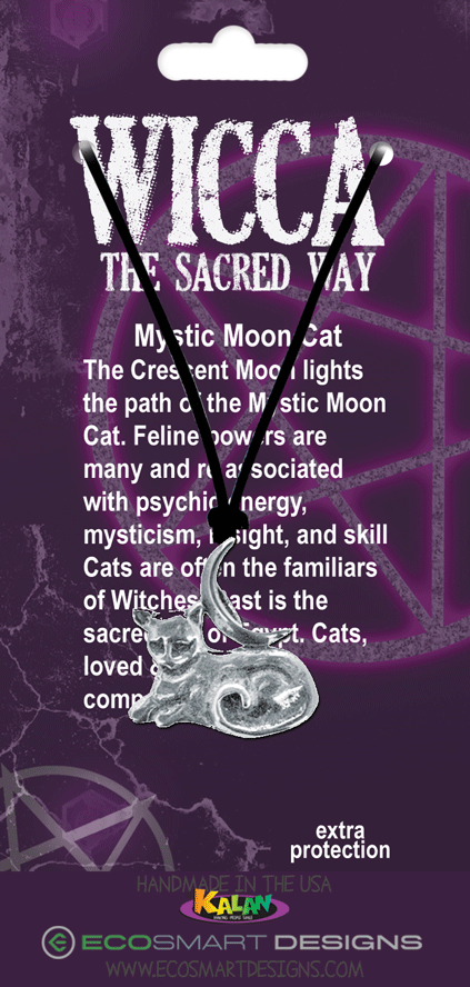 Wicca Mystic Moon Cat pewter charms on attachment: Black cord
