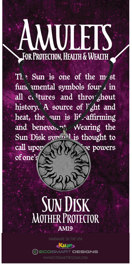 Amulets Sun Disk pewter charm on attachment: 36" black cord