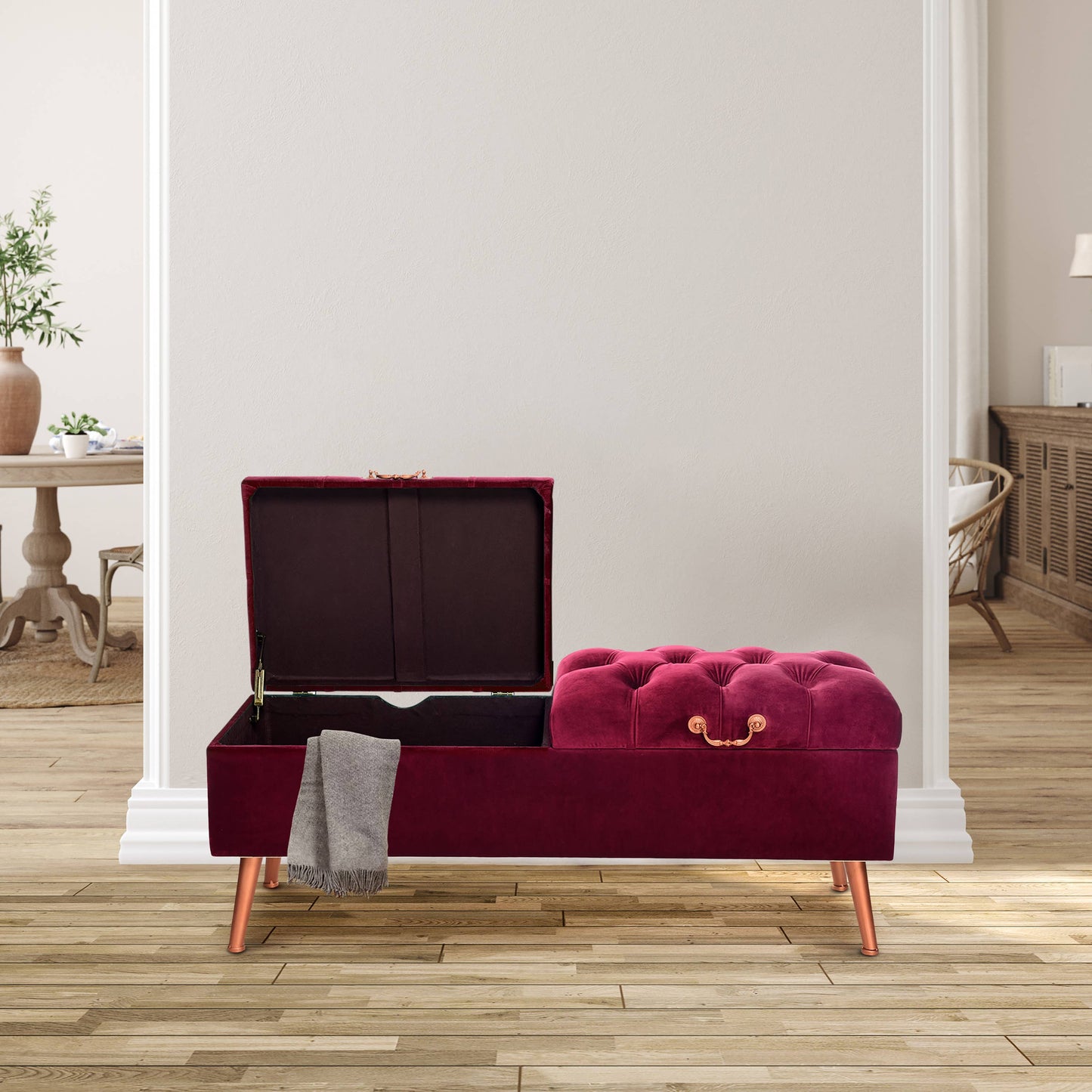 43.75"W Elle Maroon & Copperton Handle Velvet Storage Bench